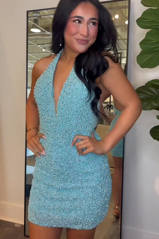 Plunging Halter Beaded Bodycon Mini Dress