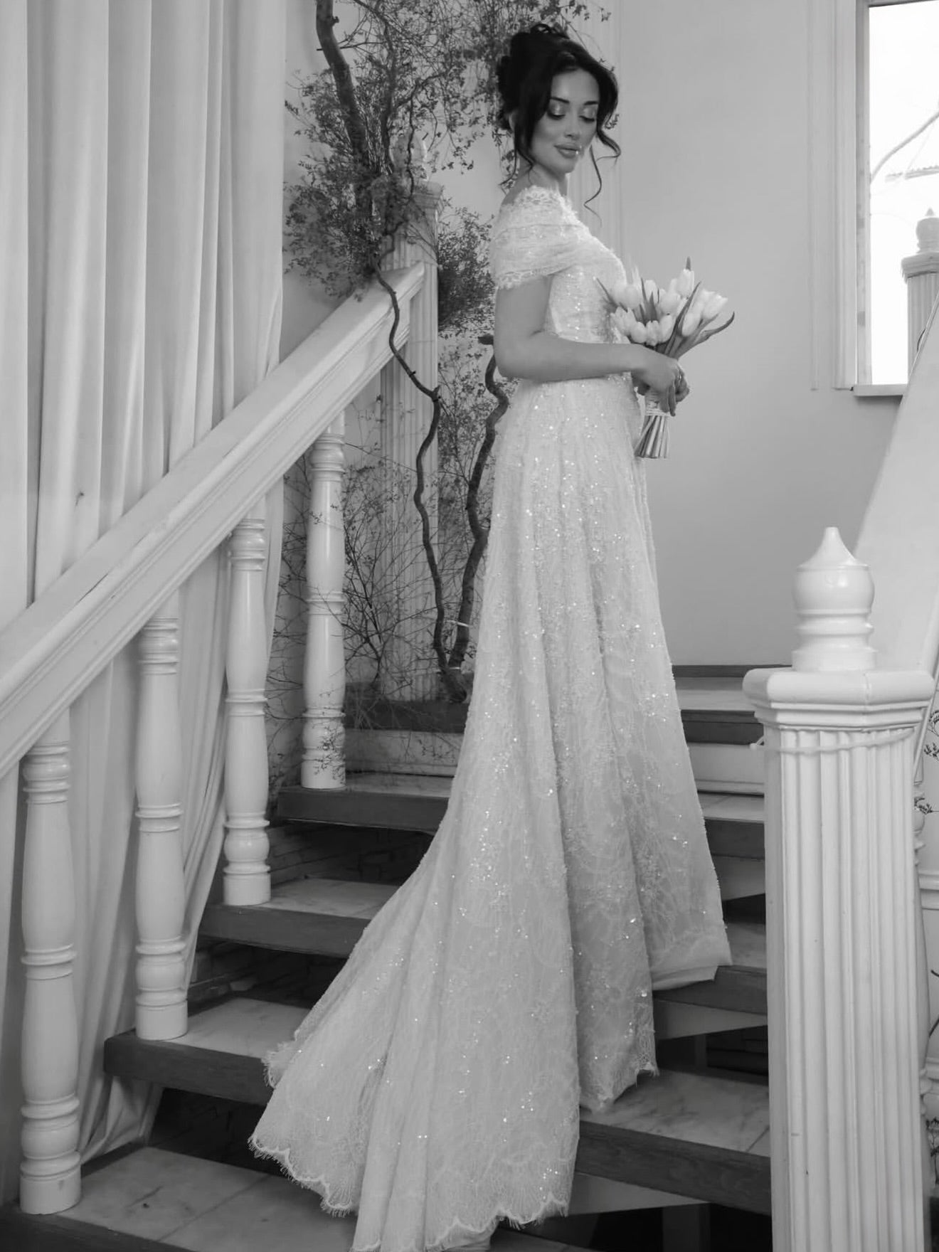 Off-the-Shoulder Sequin Lace A-Line Wedding Dress
