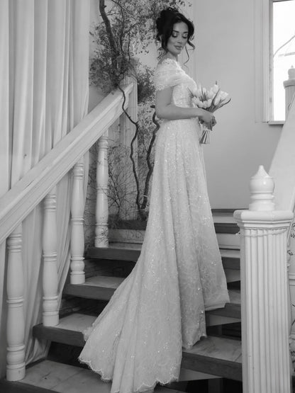 Off-the-Shoulder Sequin Lace A-Line Wedding Dress