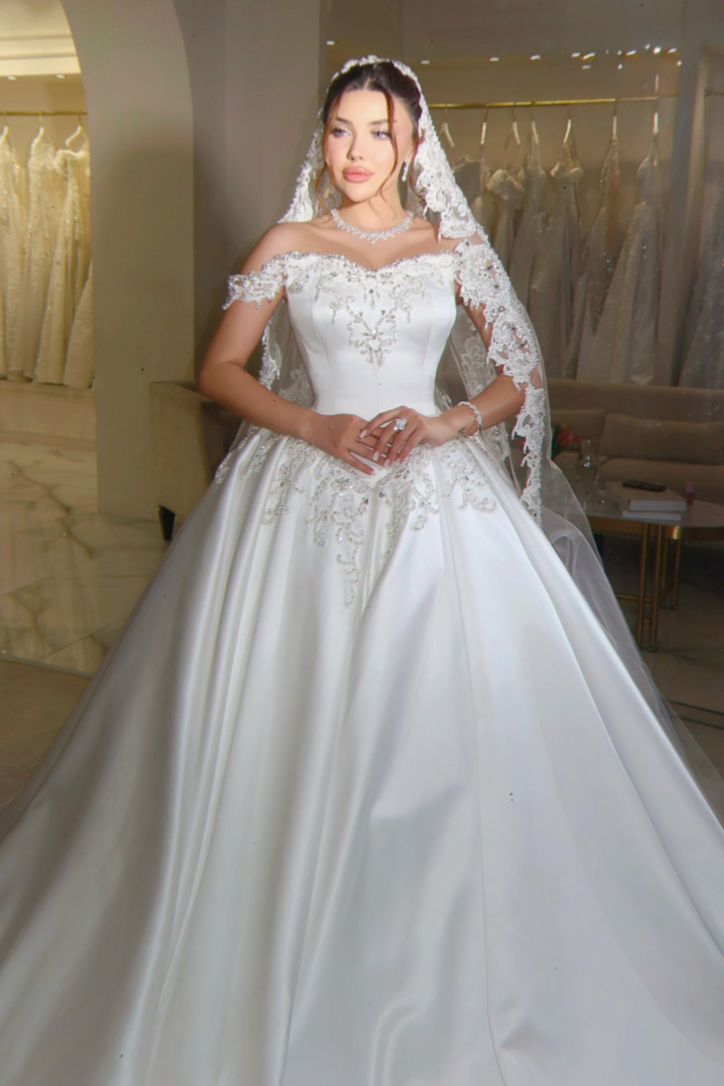 Beaded Lace Off-the-Shoulder Satin Ball Gown