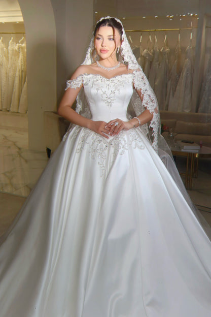 Beaded Lace Off-the-Shoulder Satin Ball Gown