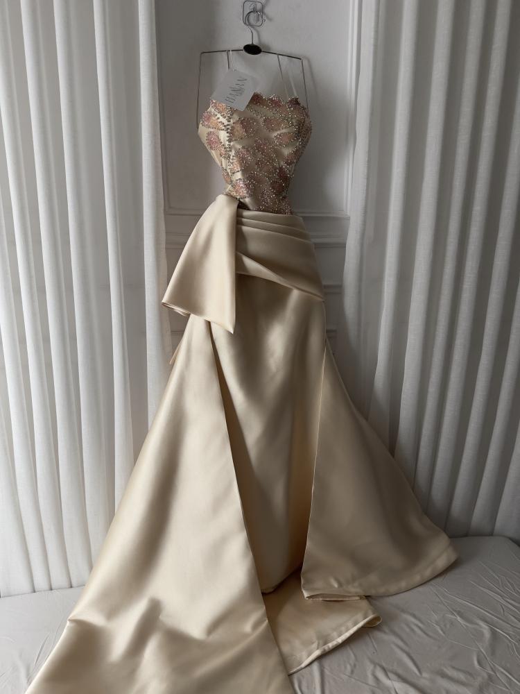 Strapless Beaded Satin Mermaid Evening Gown