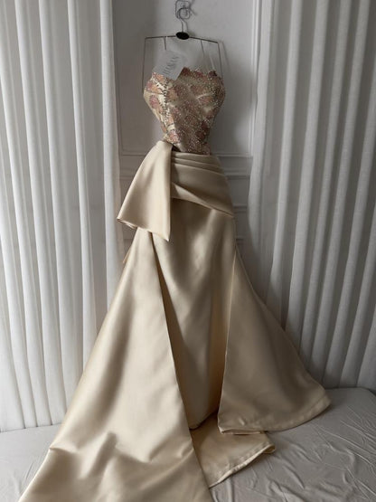 Strapless Beaded Satin Mermaid Evening Gown