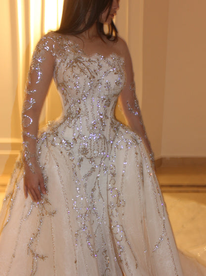 Sequined Long Sleeve Wedding Dress with Overskirt