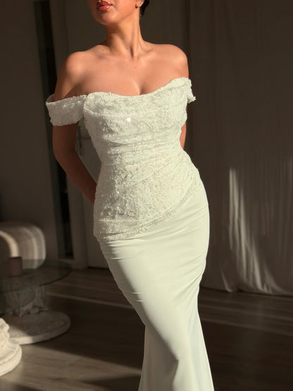 Off-Shoulder Ruched Lace Bodice Mermaid Gown