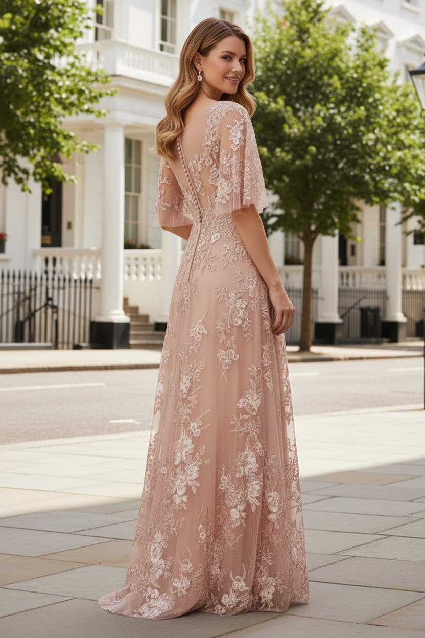 Floral Lace Illusion Gown with Flutter Sleeves