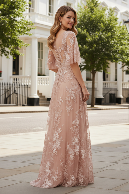 Floral Lace Illusion Gown with Flutter Sleeves