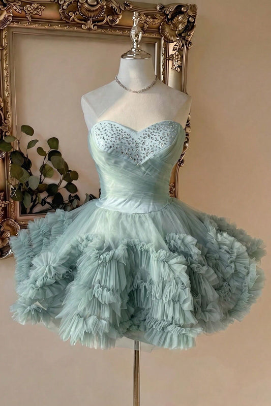 Strapless Sweetheart Ruffled Tulle Short Prom Dress
