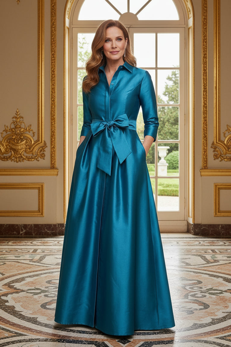 Collared A-Line Shirt Gown with Bow Belt and Pockets