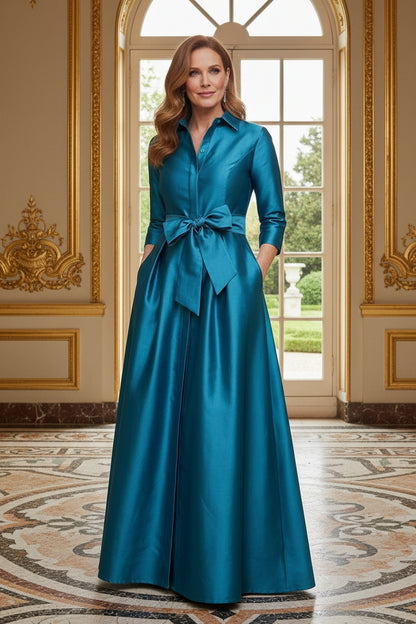 Collared A-Line Shirt Gown with Bow Belt and Pockets