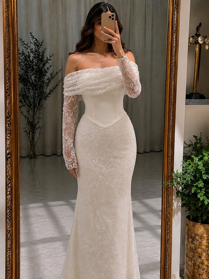 Off-the-Shoulder Lace Mermaid Gown with Long Sleeves