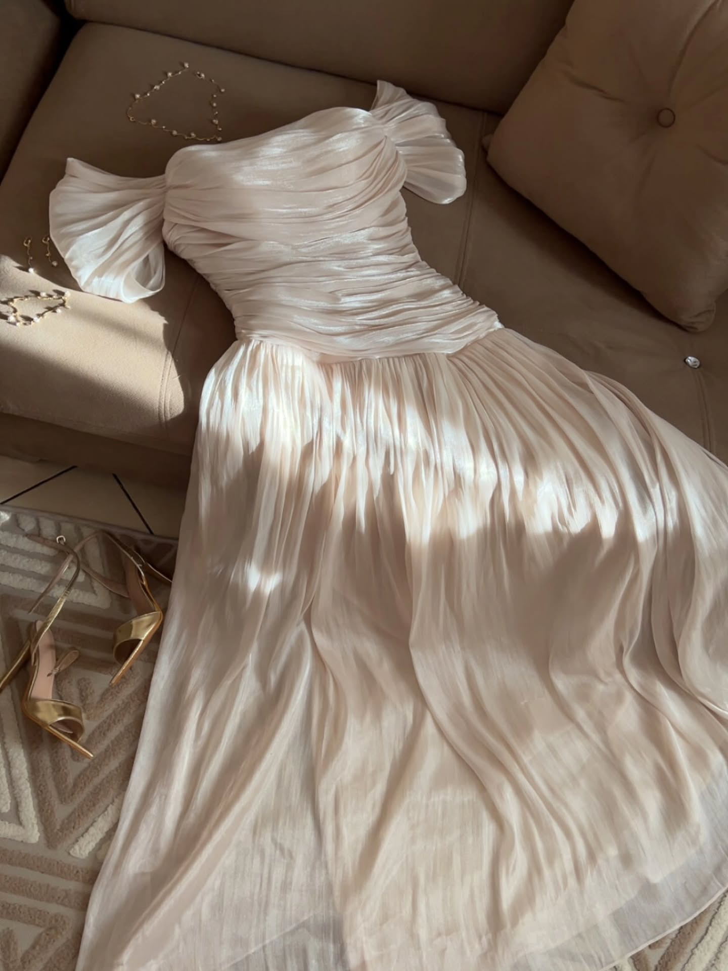 Ruched Off-the-Shoulder Pleated Maxi Gown