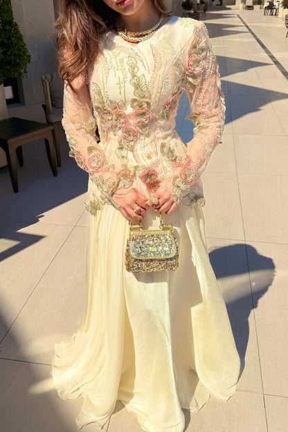 Floral Applique Peplum Gown with Long Sleeves