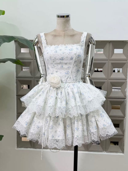 Tiered Floral Mini Dress with Lace Trim