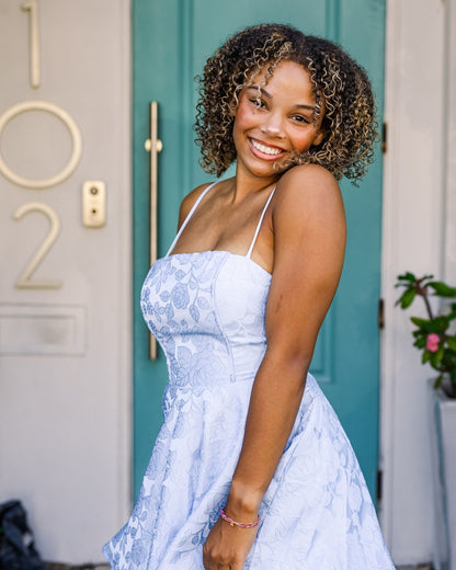 Lace-Up Back Jacquard Skater Dress with Tulle