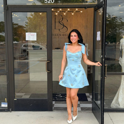 Beaded A-Line Satin Mini Dress with Shoulder Bows