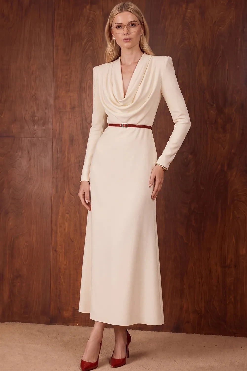 Cowl Neck Long Sleeve Ankle-Length Column Dress