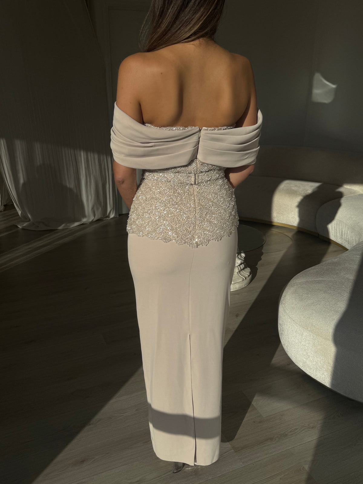 Beaded Off-the-Shoulder Column Maxi Dress
