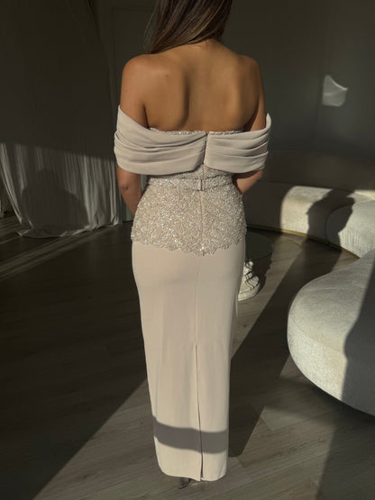 Beaded Off-the-Shoulder Column Maxi Dress