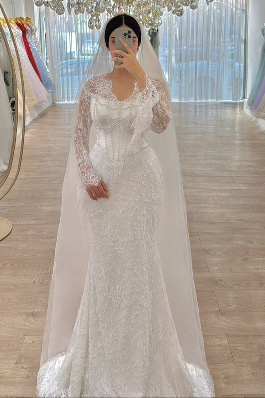 Illusion Lace Mermaid Wedding Dress with Pearl Corset