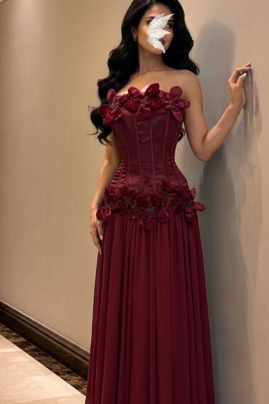Strapless Corset A-Line Evening Gown with 3D Flowers