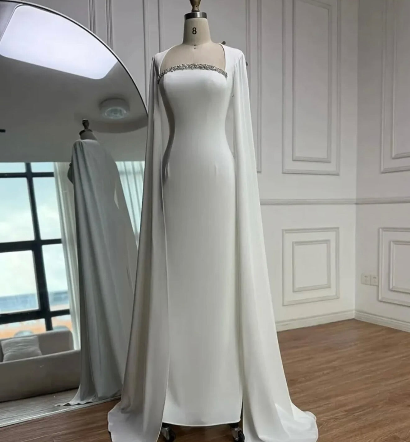 Minimalist Crepe Sheath Gown with Watteau Cape