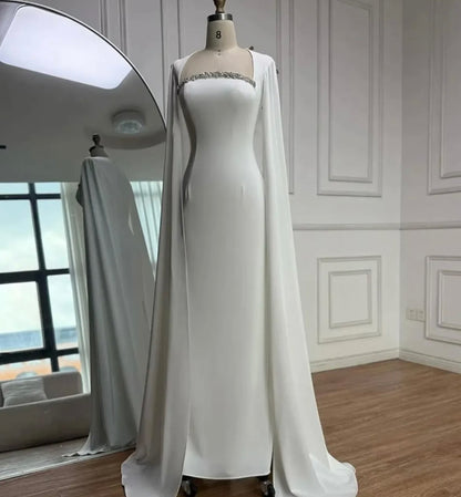 Minimalist Crepe Sheath Gown with Watteau Cape