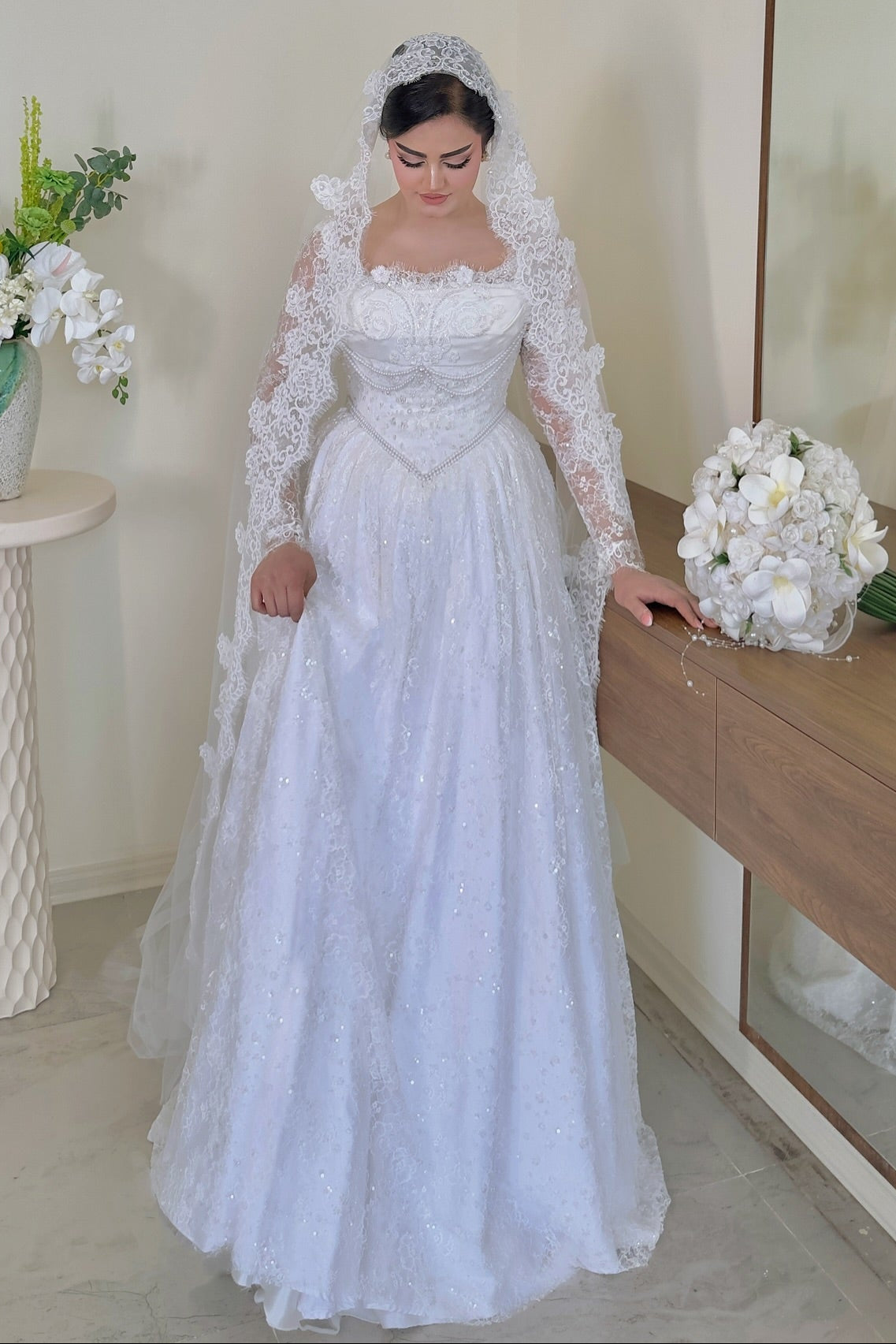 A-Line Lace Long Sleeve Corset Wedding Dress