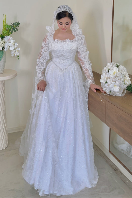 A-Line Lace Long Sleeve Corset Wedding Dress