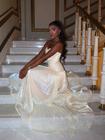 Strapless Ruched Bodice Shimmer Evening Gown