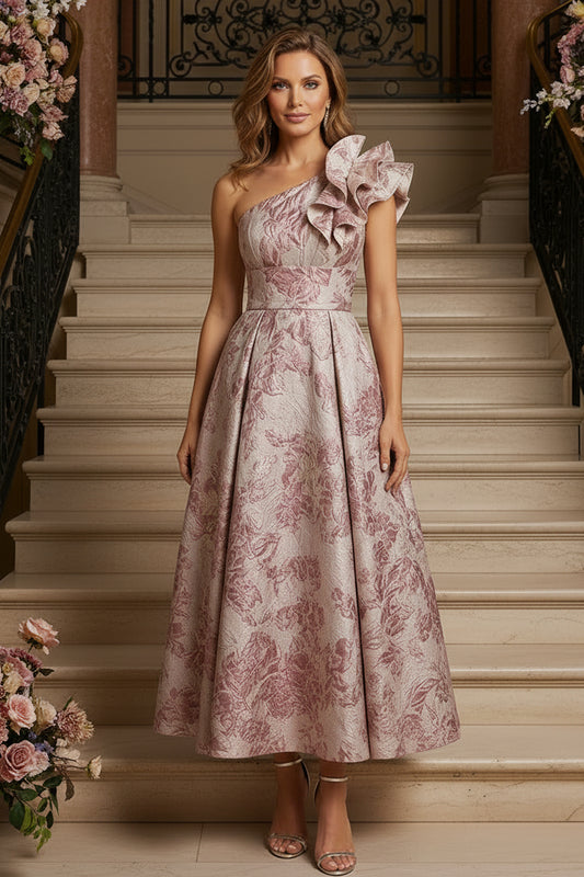 One-Shoulder Ruffled Floral Jacquard Midi Dress