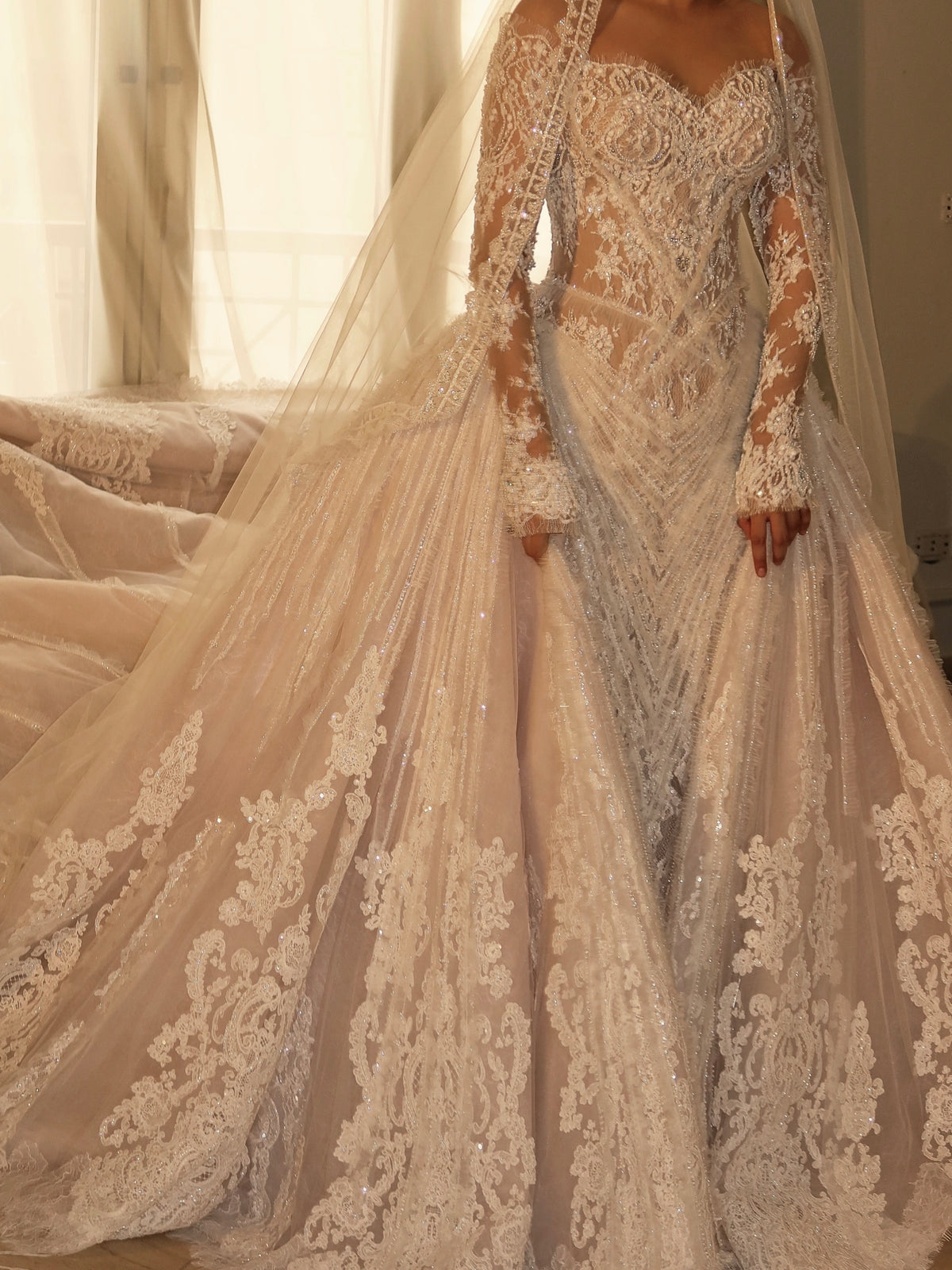 Off-the-Shoulder Beaded Lace Ball Gown Wedding Dress