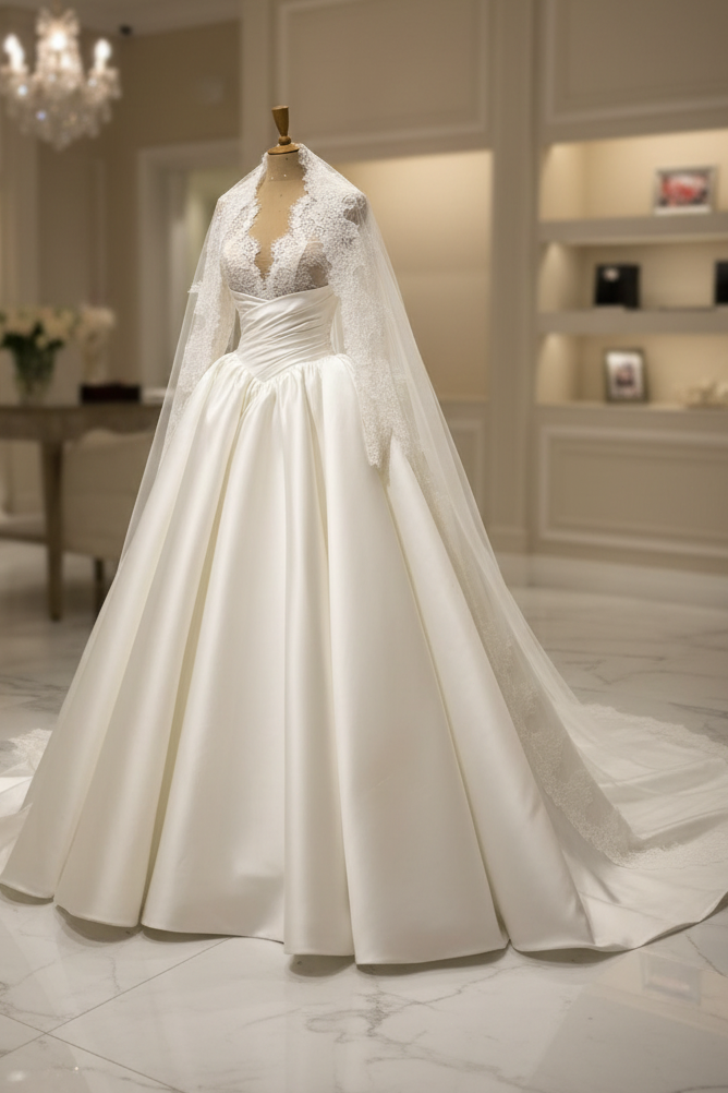 Lace Halter Ball Gown with Cathedral Veil Train