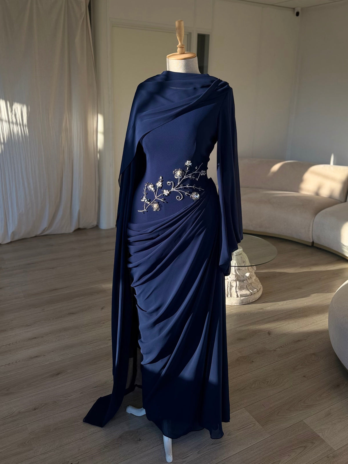 Draped Cape Sleeve Gown with Beaded Waist Detail