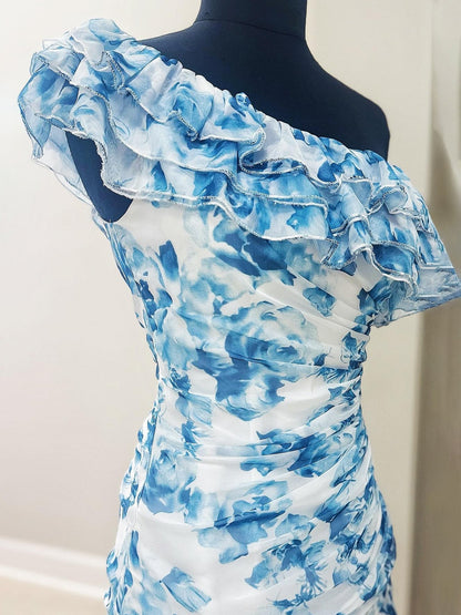 One-Shoulder Floral Ruffled Mini Dress