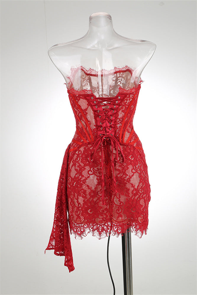 Strapless Lace Corset Mini Dress with Side Drape