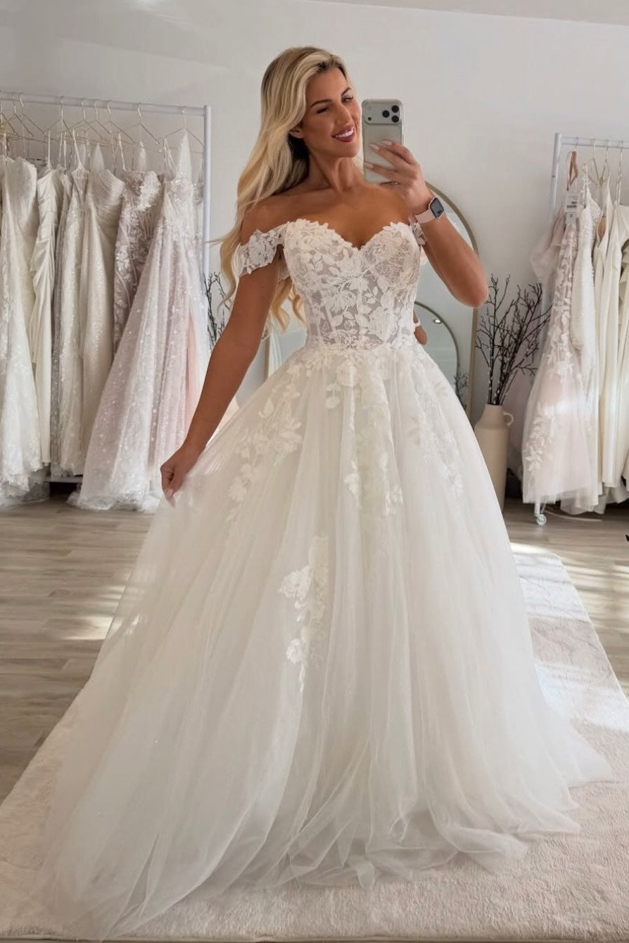 Off-the-Shoulder Lace Applique Ball Gown Wedding Dress
