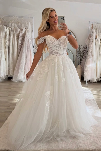 Off-the-Shoulder Lace Applique Ball Gown Wedding Dress