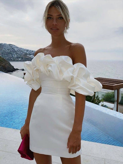 Dramatic Ruffle Off-Shoulder Mini Satin Dress