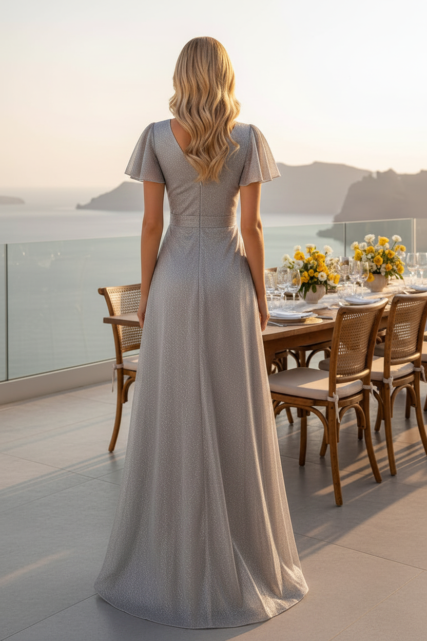 Glitter Flutter Sleeve Cascading Ruffle Evening Gown