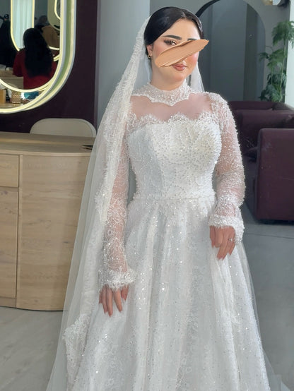 High Neck Illusion Long Sleeve Ball Gown Wedding Dress