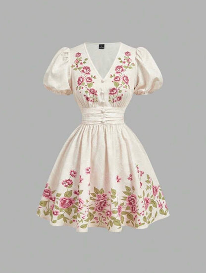 Vintage Inspired Floral Embroidery Puff Sleeve Mini Dress