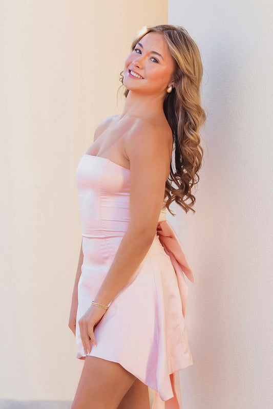 Strapless Satin Mini Dress with Back Bow