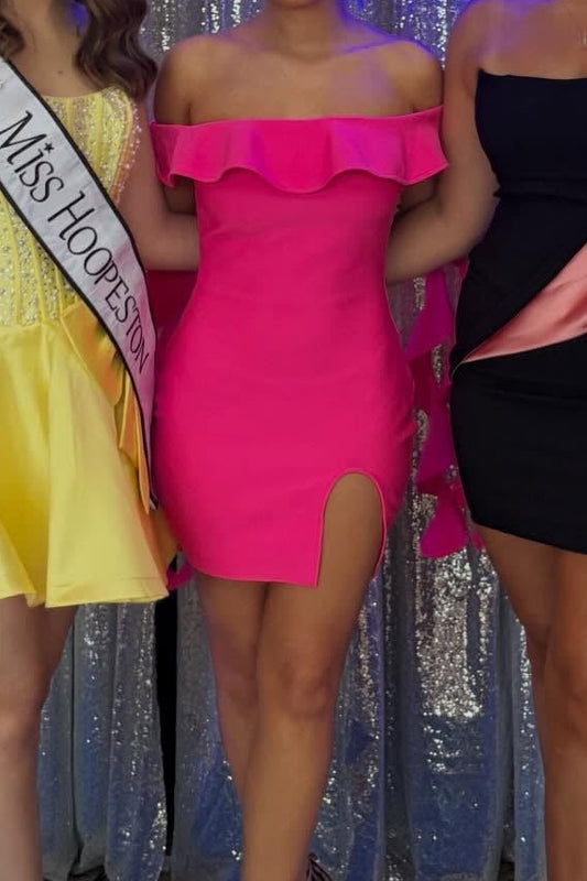 Off-the-Shoulder Ruffle Mini Dress with Side Slit