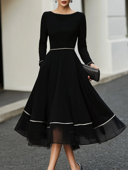 A-Line Midi Dress with Sheer Tiered Hem and Trim