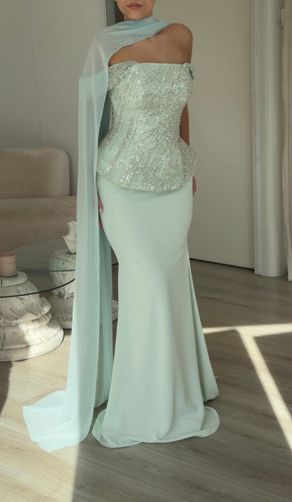Sequined Peplum Evening Gown with Chiffon Cape