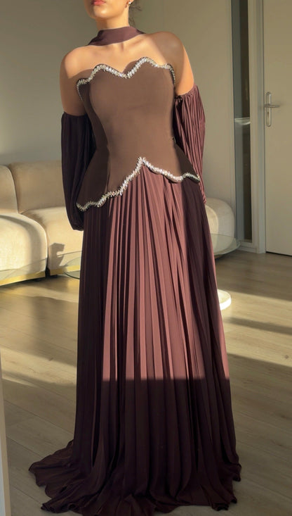 Pleated Maxi Evening Dress with Scalloped Crystal Trim