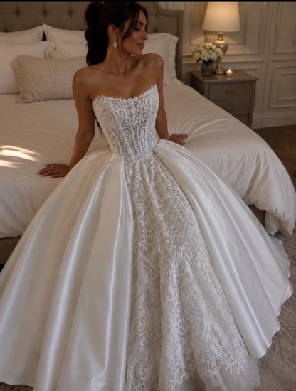 Strapless Lace Corset Satin Ball Gown