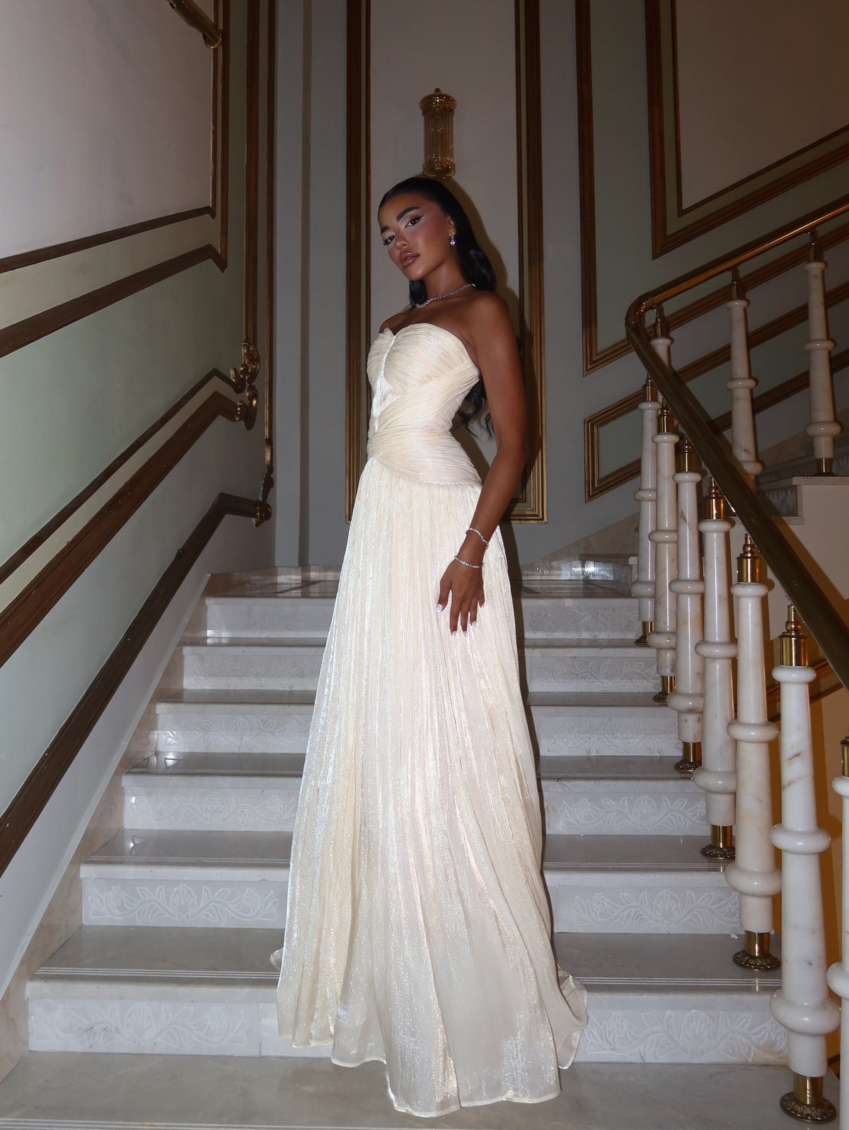 Strapless Ruched Bodice Shimmer Evening Gown