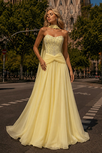 Strapless Beaded Corset Gown with Scarf